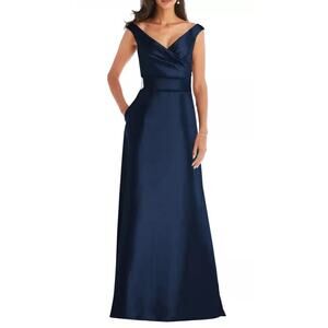 Alfred Sung Dress D811S Off The Shoulder Draped Wrap Satin Maxi Blue Size 14